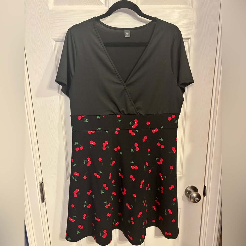 SHEIN Black and Red Wrap Top Cherry Print Dress 1XL